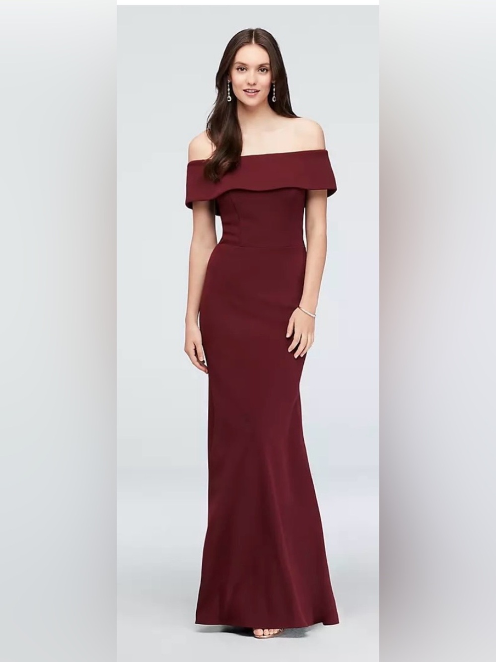 Betsy & Adam Off Shoulder Evening Gown in Burgundy
